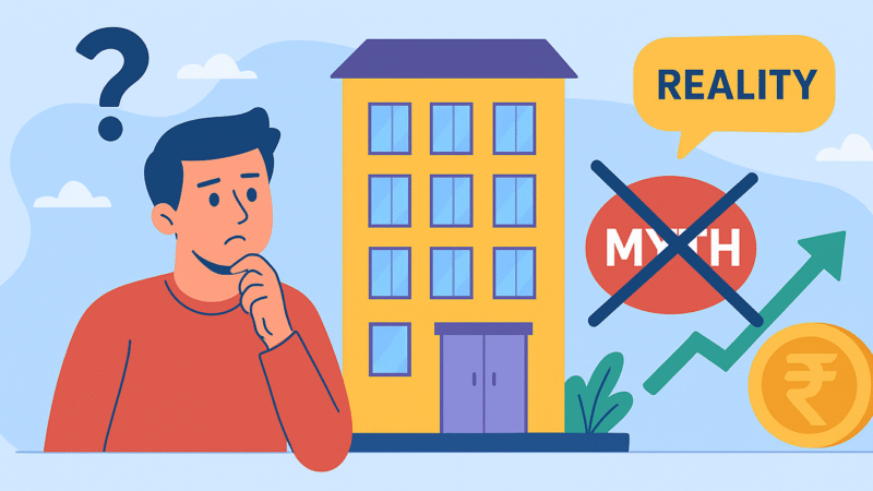 Illustration of common myths about buying flats in Guwahati and tips to save lakhs on property investment